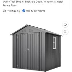 6 x 6 FT Black Outdoor Metal Storage Shed, Waterproof Utility Tool Shed w/ Lockable Doors, Windows & Metal Frame Floor