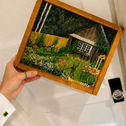 Vintage Original Fine Art Cottage House Landscape Painting Artist Signed Framed Garden Flowers Collectible Country Farm Antique Estate 12” HILLCREST
