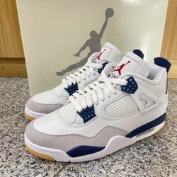 Nike SB x Jordan Air Jordan 4 “Navy” Fabric Artificial Leather Co-branded Abrasion-resistant High-top Retro Basketball Shoes Men's and Women's White a