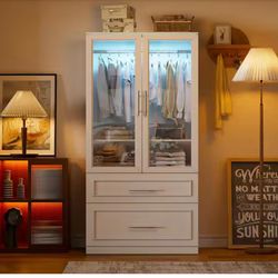 White 31.5 in. W Armoire Wardrobe Closets with Glass Doors and Drawers, Motion Sensor Closet Lights, Freestanding Closet