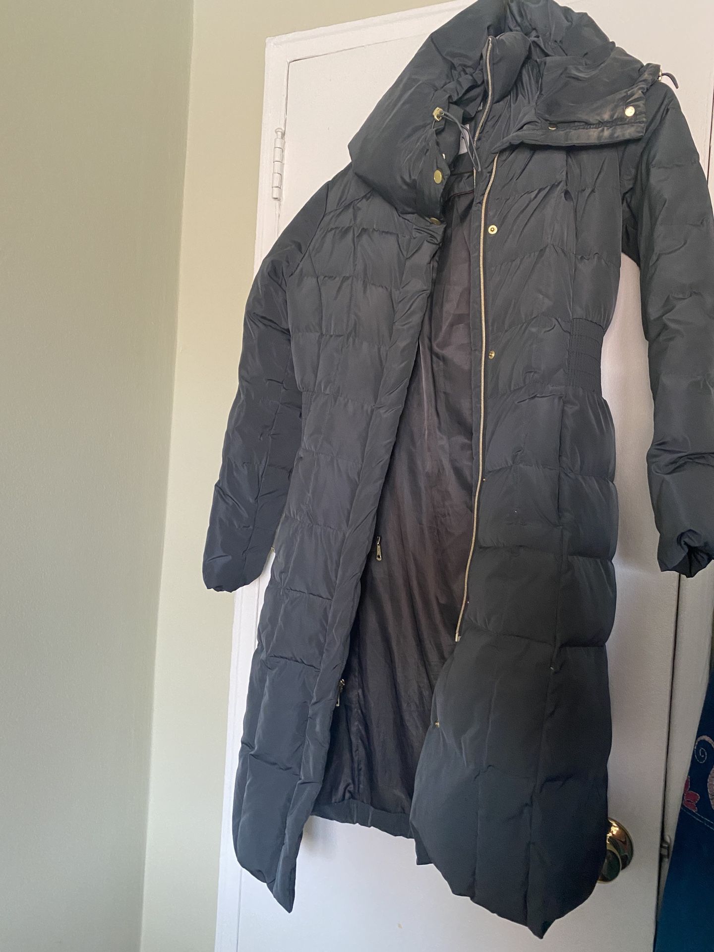 Cole Haan Women's Knee Length Hooded Quilted Down Coat