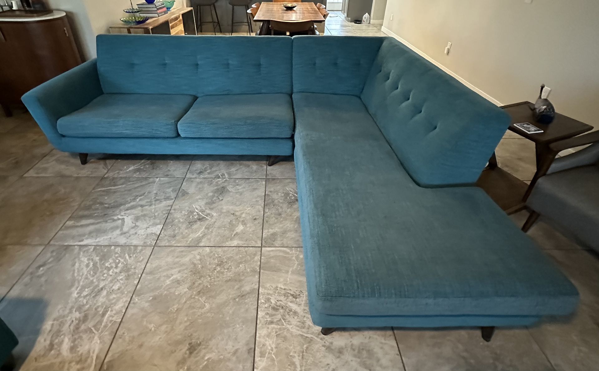Midcentury modern (MCM) style turquoise Joybird Hughes sectional couch