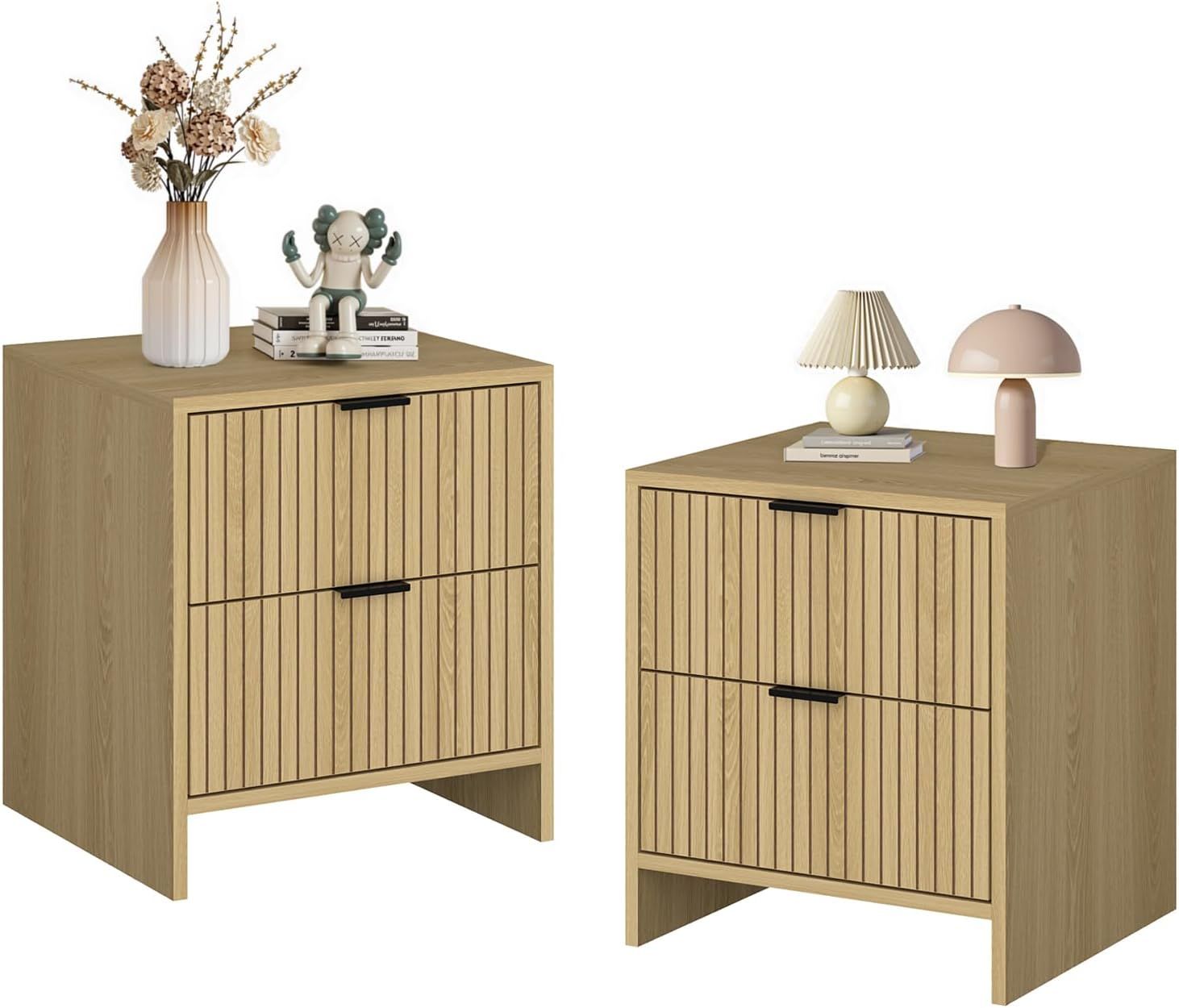 Modern Nightstand with 2 Drawers, Set of 2 Fluted Sofa Side End Table, Wood Bedside Table Night