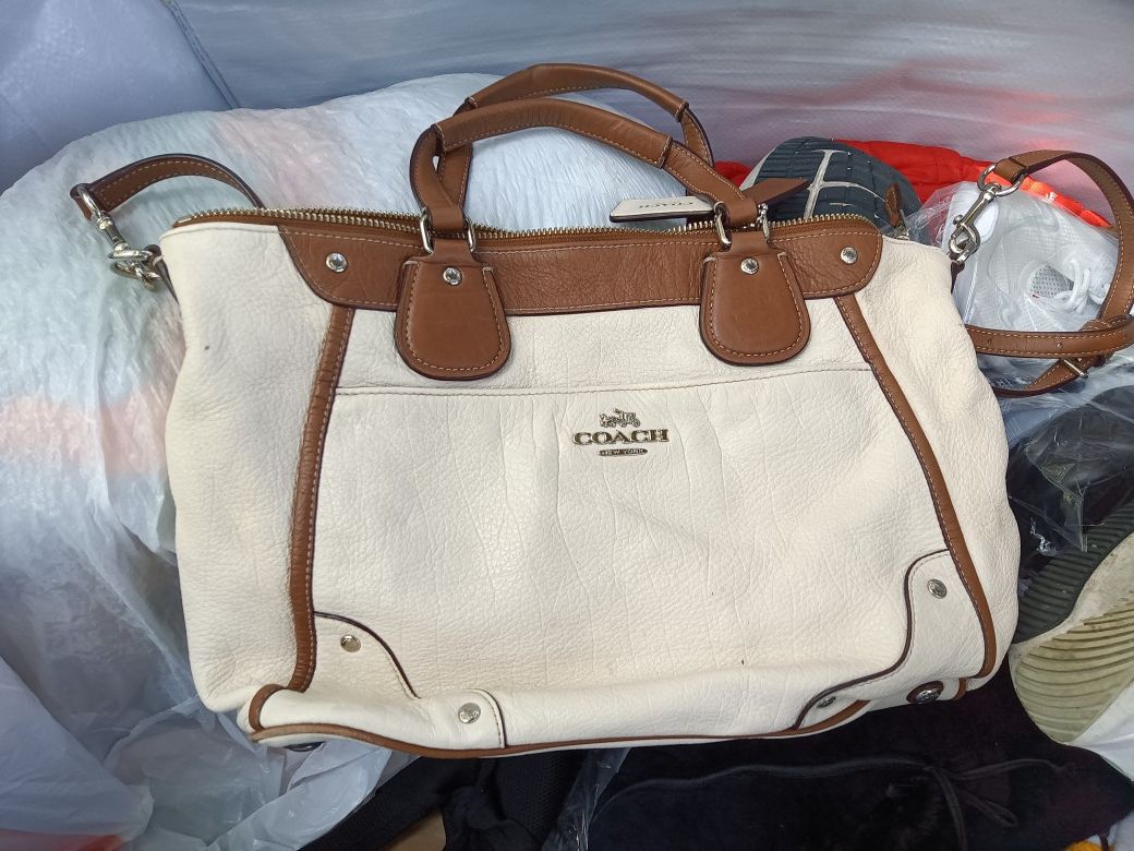 Coach Brown and White Leather Mickie Satchel Crossbody Purse