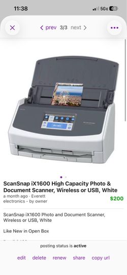 ScanSnap iX1600 Photo and Document Scanner, Wireless or USB, White