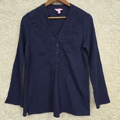 Lilly Pulitzer Shirt Womens Medium Blue Long Sleeve Tunic Embroidered Gauzy 