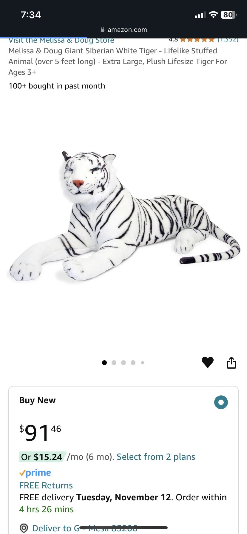 4ft Long White tiger