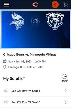 2 Bears Tickets for Sale $300 for pair- Vikings vs DaBears  Jan 8th @ noon Thumbnail