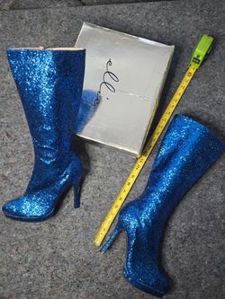 Size 9 Ellie 18inch Tall knee high 4in stiletto Blue Glitter Boots