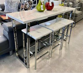 High Table Set 3 Stools New Marble Design 4 Pcs Set Dining