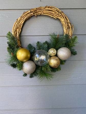 Christmas Wreath - Gold Wicker and Ornaments w/ Faux Branches