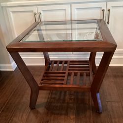 (Retail $225) Standard Norway Modern Slatted Wood Glass Top Table 24”T, 28”W