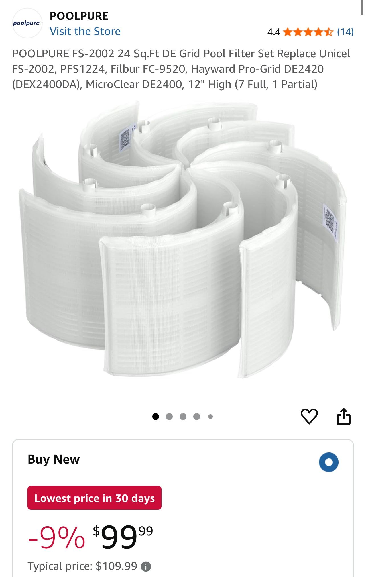 POOLPURE FS-2002 24 Sq.Ft DE Grid Pool Filter Set Replace Unicel FS-2002, PFS1224, Filbur FC-9520, Hayward Pro-Grid DE2420 (DEX2400DA), MicroClear DE2