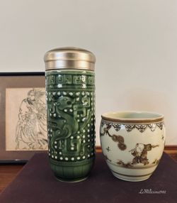 Unique Vintage Set of 2 Acera Jade Green Ceramic Lion Tumbler & Chinese Porcelain Teacup