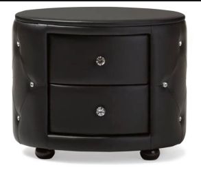Black Faux Leather Oval Nightstand with 2 Drawers
