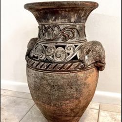 Antique Terracotta Floor Vase Indoor Or Outdoor Statement Piece with Elephant Motif  Ceramic Pottery