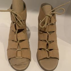 Heels, by Hinge Drea 4” Block Heel Peep Toe Leather Sandal Sz. 8.5