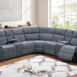 Brand New Grey Corduroy Reclining Sectional Sofa 