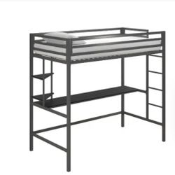 Maxwell Metal Twin Loft Bed with Desk and Shelves, Gray/ Black