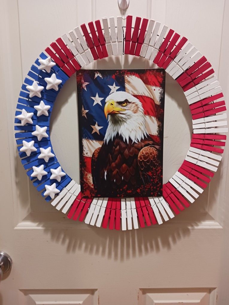 4th Of July Eagle Handmade, Hand Painted 18 Inch Clothes Pin Wreath