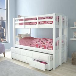 White Twin/ Twin Bunk Bed w/ Trundle 