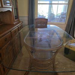 Glass And Rattan Dining Set With Six Chairs