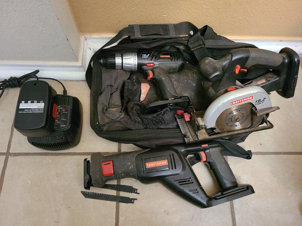 Craftsman Cordless Tool Set Drill, Charger Batteries, Saw, Bag,