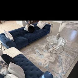 Blue suede couches and decor