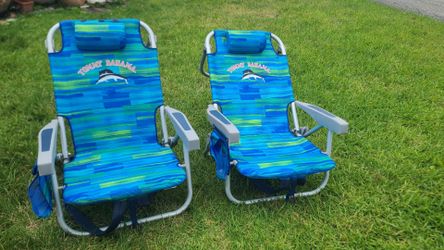2 TOMMY BAHAMA beach chairs backpack, lay flat , lightweight, like new