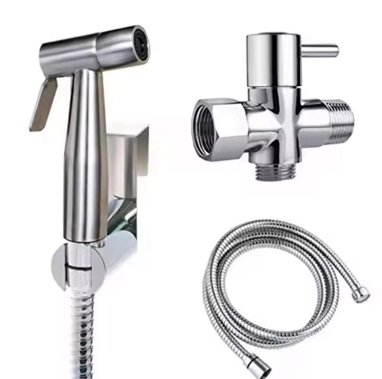 Toilet Adapter Hose Bidet Sprayer Stainless Steel Handheld Shower Head. (Wall Mount & Hanger Included)