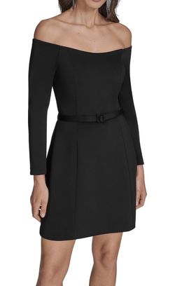 BCBG Women's Off the Shoulder Long Sleeve Belted A-line Mini Dress