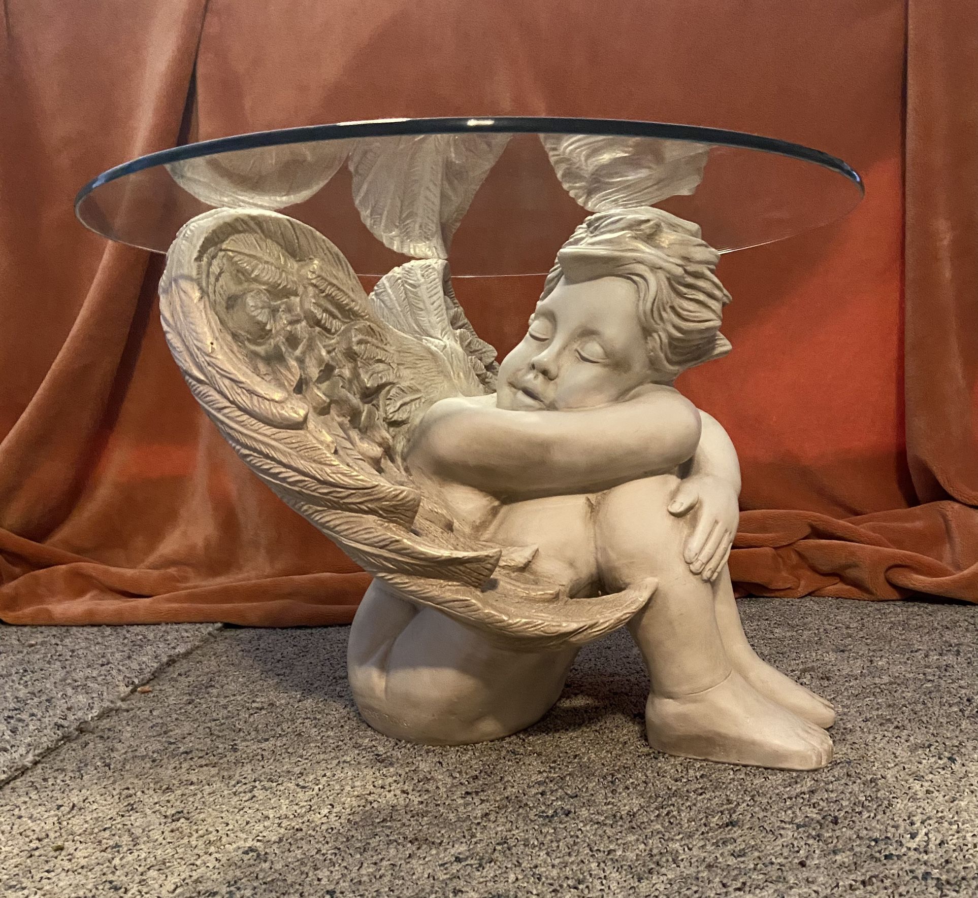 Plaster Cherub End Table With Glass Top