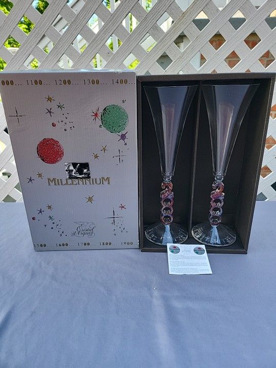 Millennium Collectible Champagne Flutes Y2K Cristal d'Arques France Lead Crystal