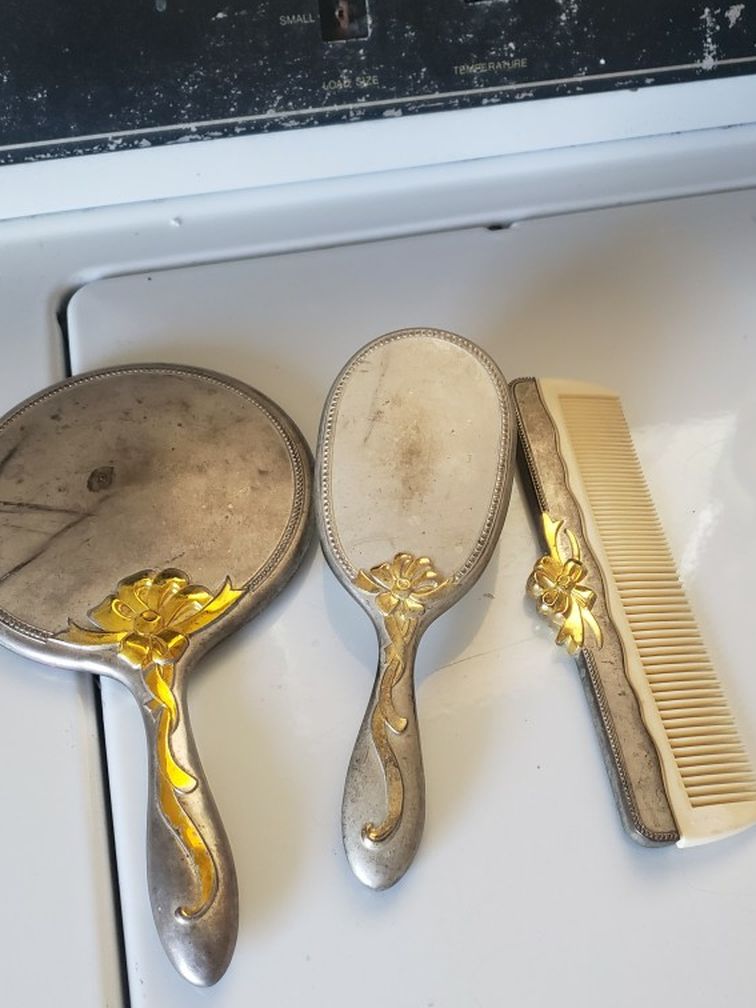 Vintage Silver Plated Mirror, Brush And Comb Set From 1940-60