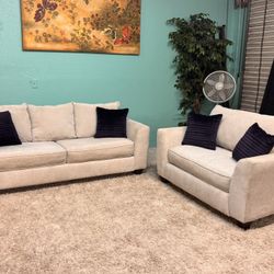 Very Pretty Stone Color Couch & Love Seat Living Room Set (Throw Pillows Not Included)