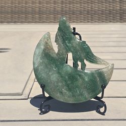 Green Strawberry Quartz Wolf With Moon