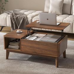 37.4" Fluted Lift-Top Coffee Table with Storage – Walnut, Fully Assembled