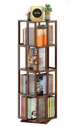 BAMEOS Rotating Bookshelf Tower 4 Tier, 360 Spinning Bookcase with Solid Wood Frame & Bamboo Finish, 4-Component Easy Assembly Corner Book Shelf for S