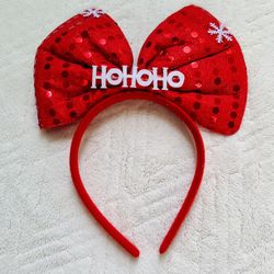 red holiday christmas ho ho ho sequin bow headband