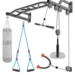 SELEWARE 48" Heavy Duty Pull Up Bar Wall Mount Multi-function Chin up Bar with Home Gym Cable Pulley System LAT Pulldown Workout Attachments Heavy Bag