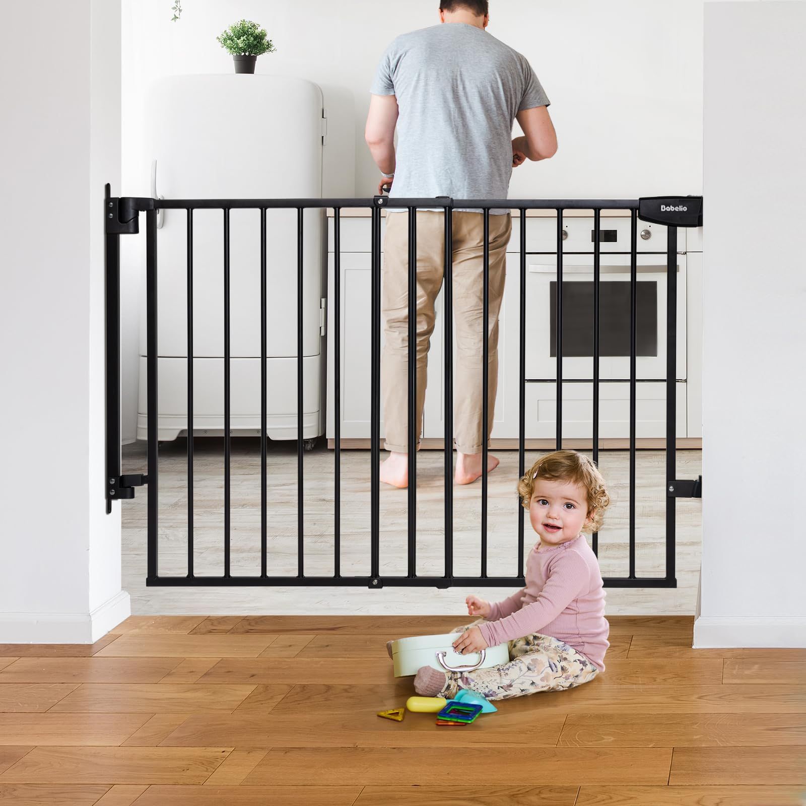 Babelio 29.7-46.5" No Bottom Bar Baby/Dog Gate for Stairs, House and Doorways, Auto Close Safety Pet Gates with Large Walk Thru Door, Hardware Mount,