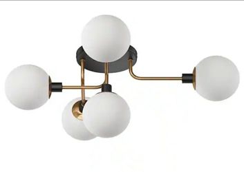 Modern 22.24 in. 5-Lights Globe Flush Mount Black and Gold Ceiling Light with Frosted White Glass
