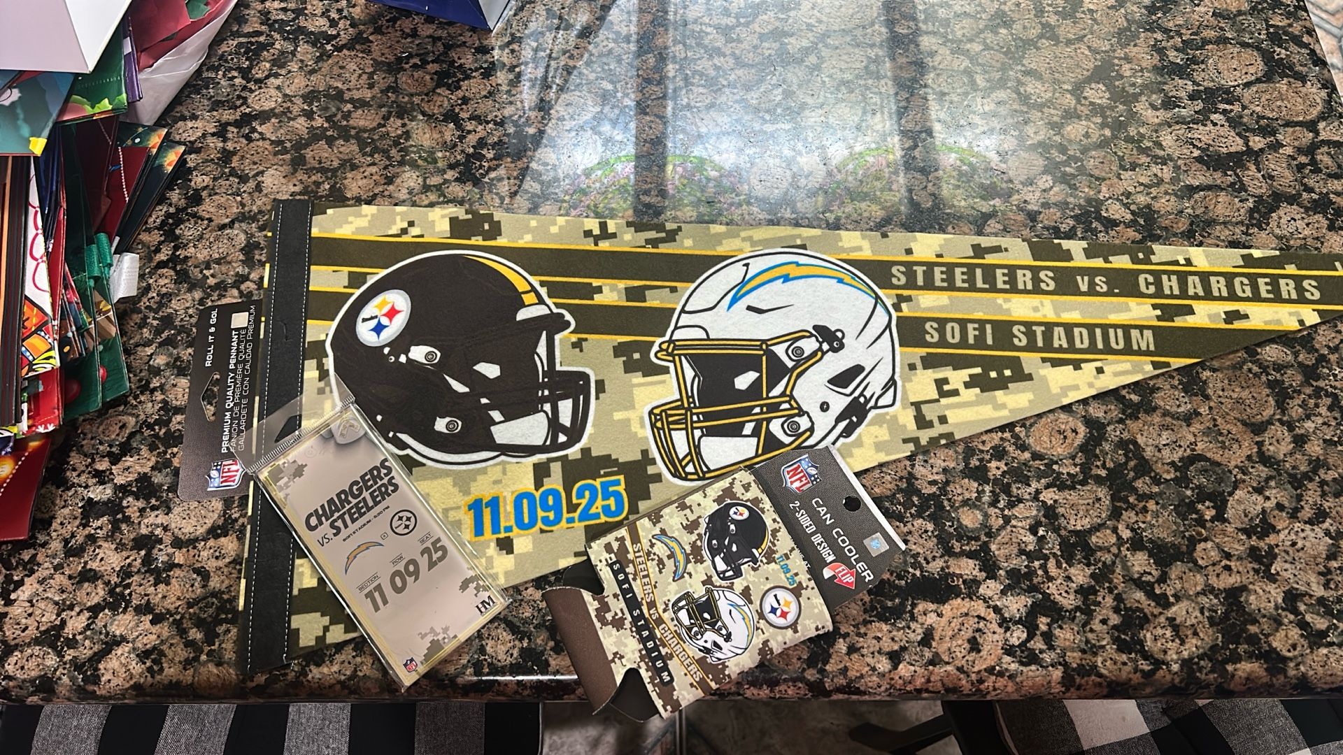 Charger And Steelers Veteran Can Cooler , Quality Pennant And Acrylic Ticket
