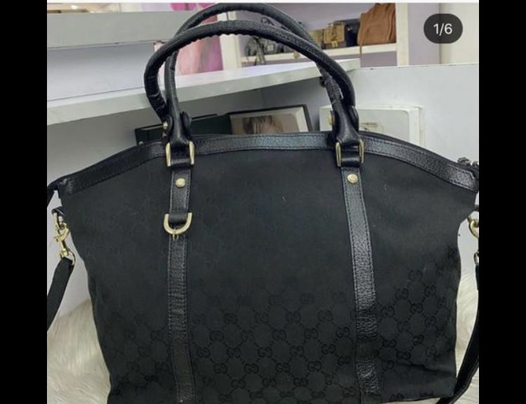 Pre Owned Authentic  Gucci  Black Leather  Monogram Canvas 