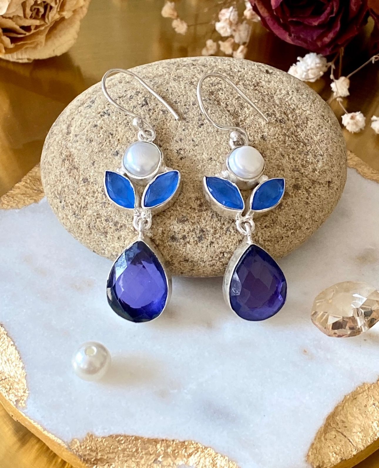 Sapphire, Chalcedony And Biwa Pearl 925 Sterling Silver Overlay Earrings