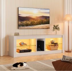 Modern TV Stand With LED Lights for 55-60 Inch TVs, High Gloss Entertainment Center Console Table With Storage Shelves for Living Room, White