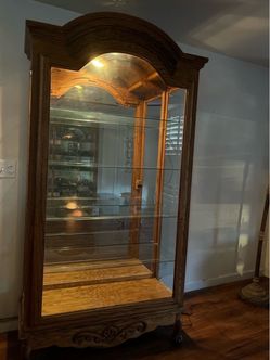 Oak Wood Curio Display Cabinet with Glass Shelves