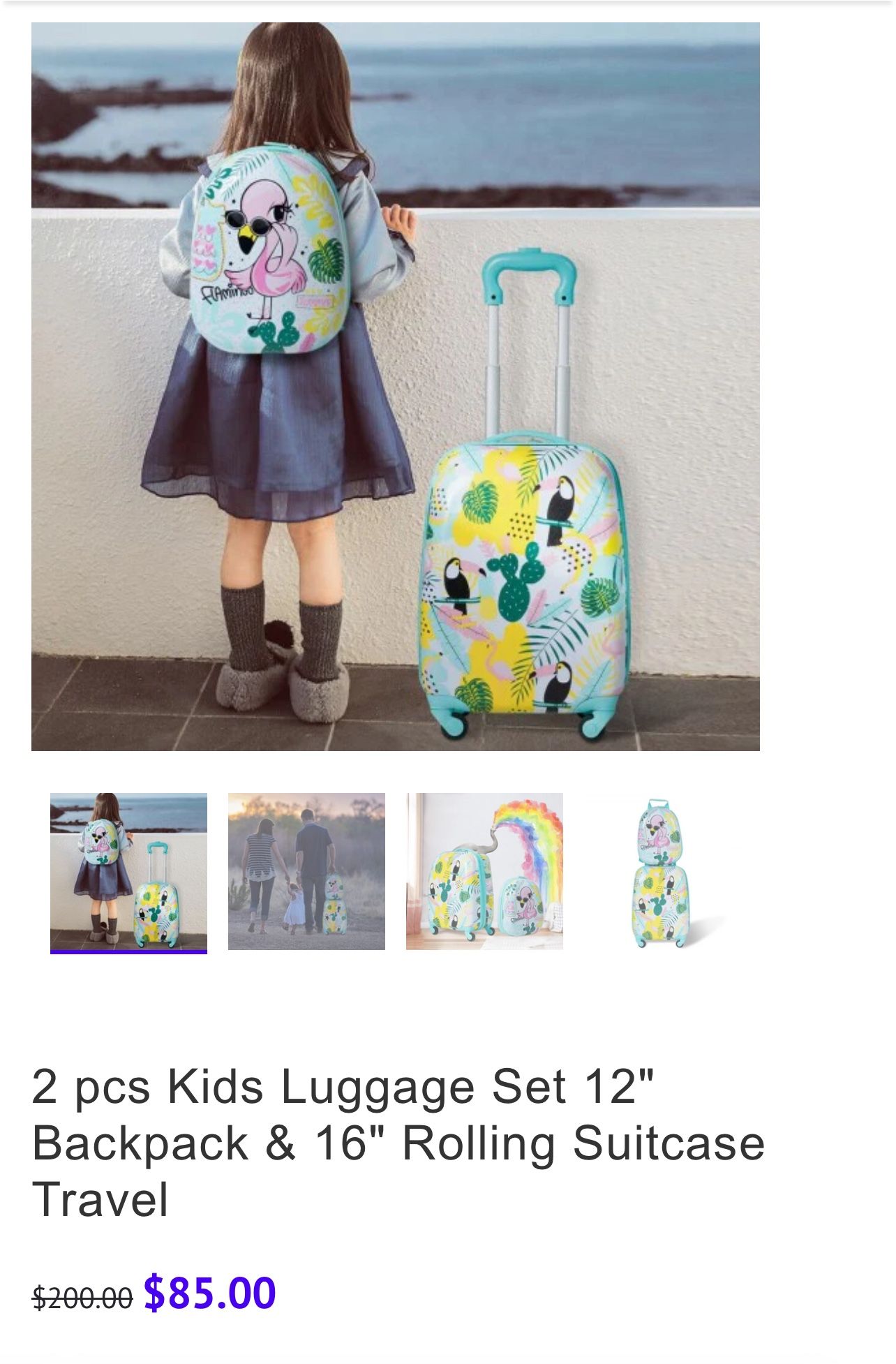 2 pcs Kids Luggage Set 12" Backpack & 16" Rolling Suitcase Travel