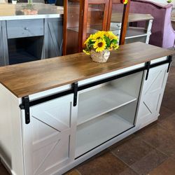 58" TV Stand for TVs Up to 65", Sliding Barn Door TV Stand with Adjustable Side Shelves, Farmhouse Media Console, Rustic Wood TV Cabinet Home Entertai