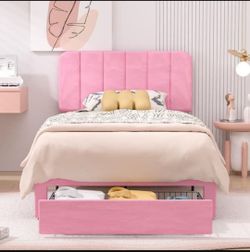 Platform Storage Bed Pink Metal Frame Twin Platform Bed with Velvet Upholstered Headboard and 1 Drawer